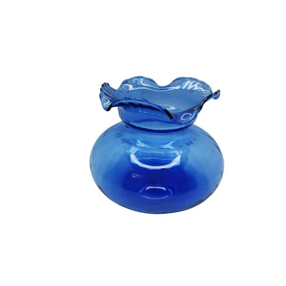Vintage Cobalt Blue Ruffle Edge Top Globe Style Vase - Picture 12 of 13
